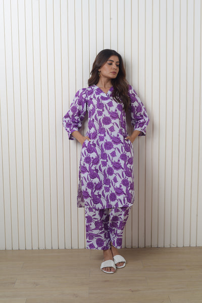 Purple Floral Printed Co-ord Set-Sale/Ready To Ship