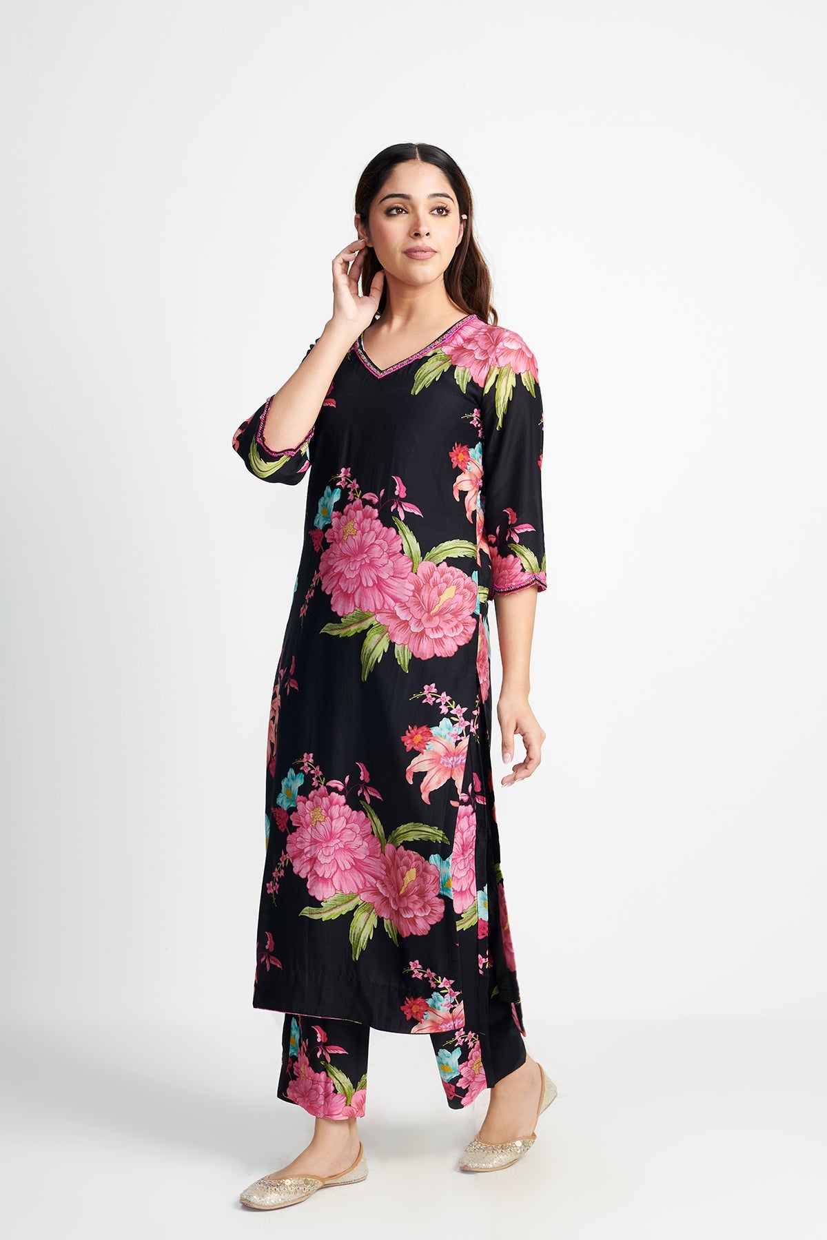 Floral Fiesta Black EMBROIDERED KURTA SET of 3- Sale/ Ready To Ship