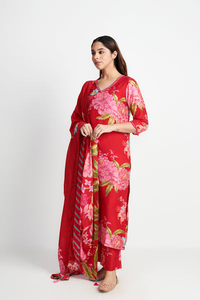 Floral Fiesta Red EMBROIDERED KURTA SET of 3