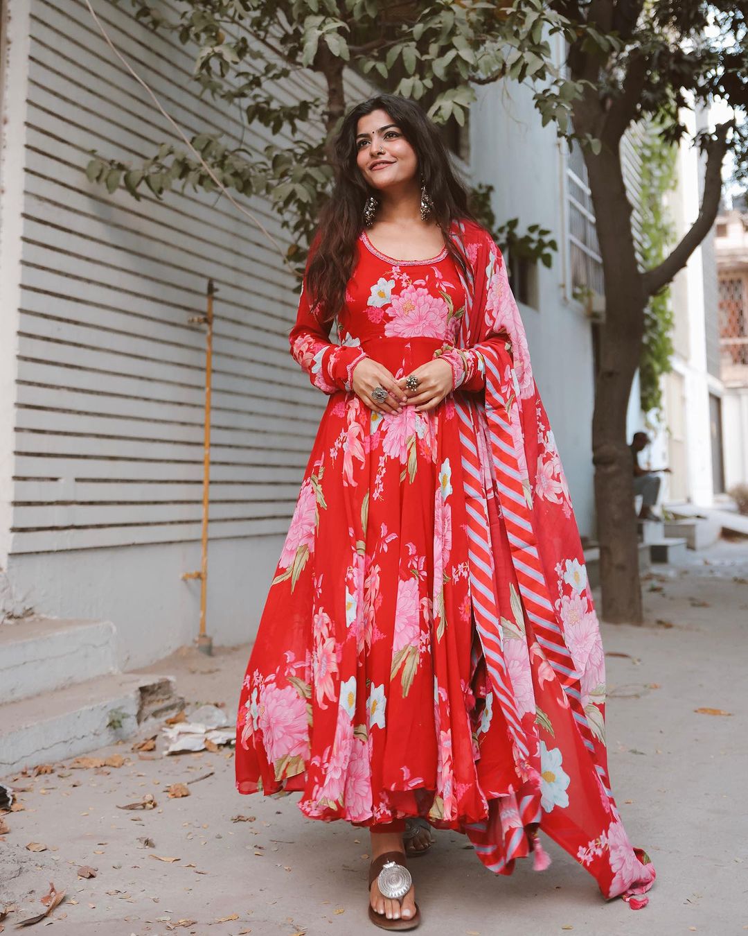 Kritika Khurana in Floral Fiesta Red printed Anarkali with Chooridar and Dupatta- Set of 3