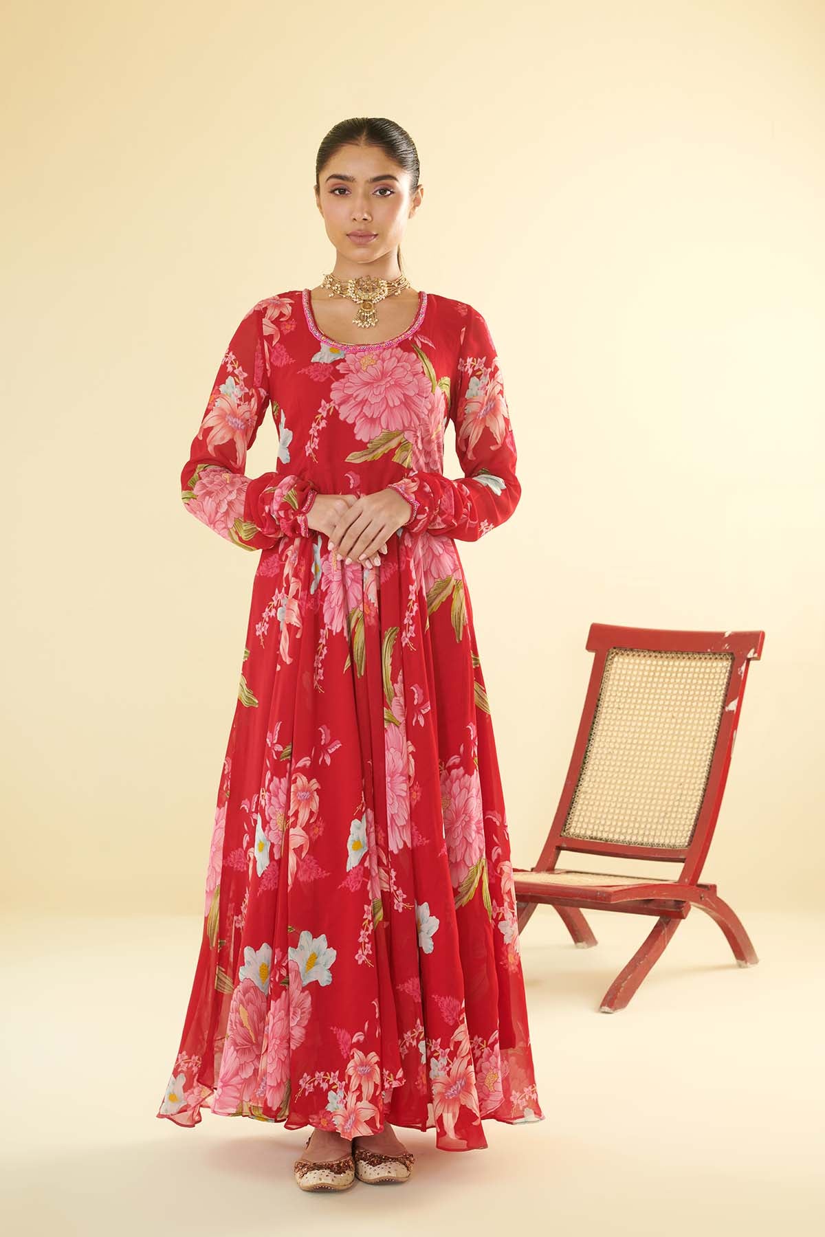 Floral Fiesta Red printed Anarkali with Chooridar and Dupatta- Set of 3