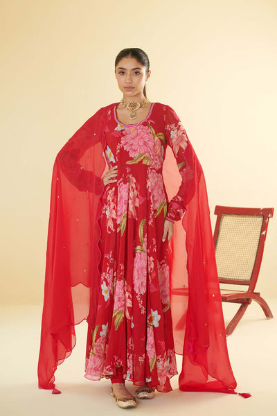 Floral Fiesta Red printed Anarkali with Chooridar and Dupatta- Set of 3
