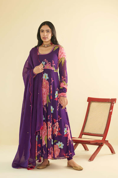 Floral Fiesta Purple printed Anarkali with Chooridar and Dupatta- Set of 3