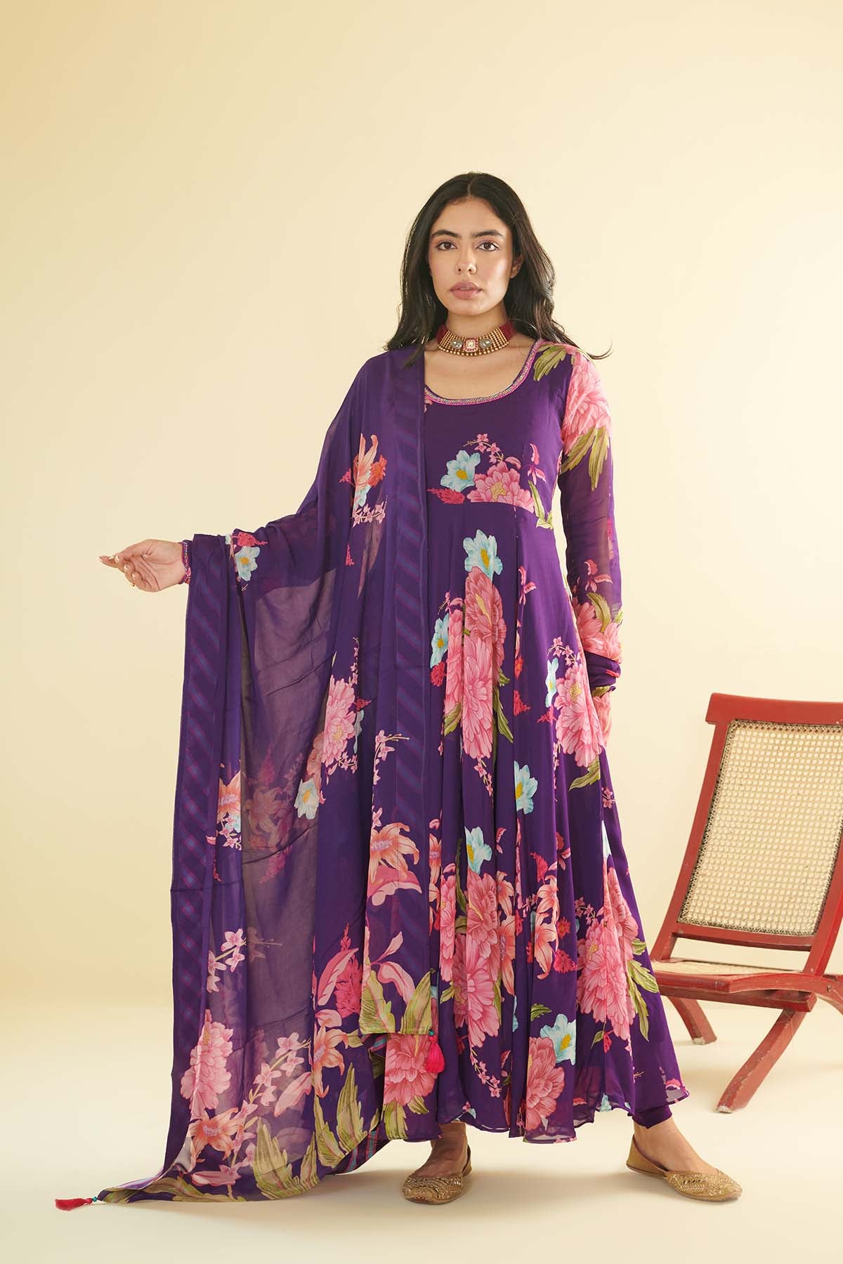 Floral Fiesta Purple printed Anarkali with Chooridar and Dupatta- Set of 3