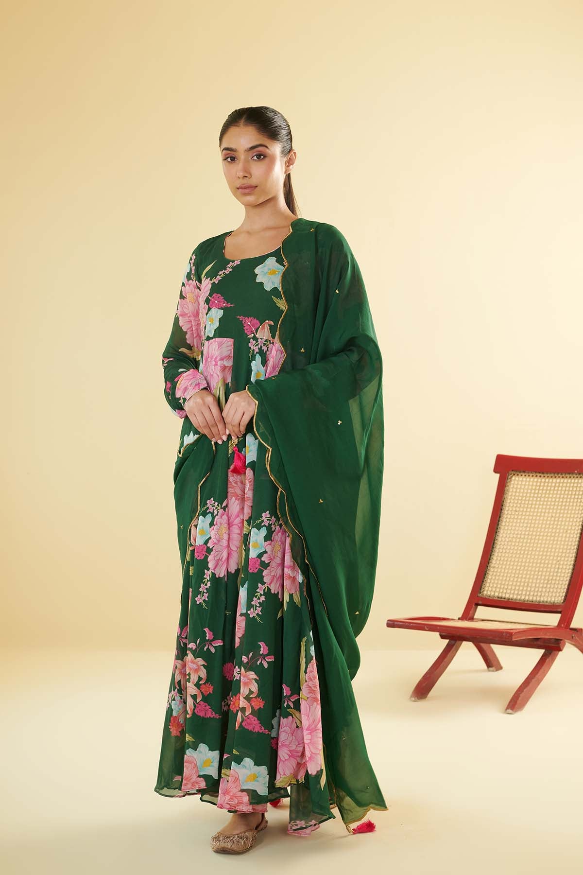 Floral Fiesta Green printed Anarkali with Chooridar and Dupatta- Set of 3