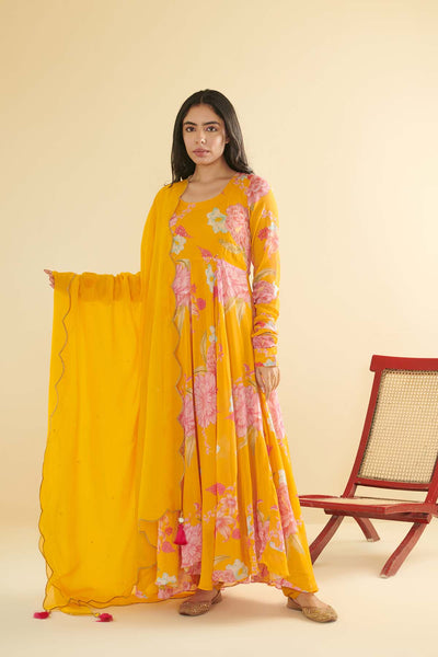 Floral Fiesta Orange printed Anarkali with Chooridar and Dupatta- Set of 3