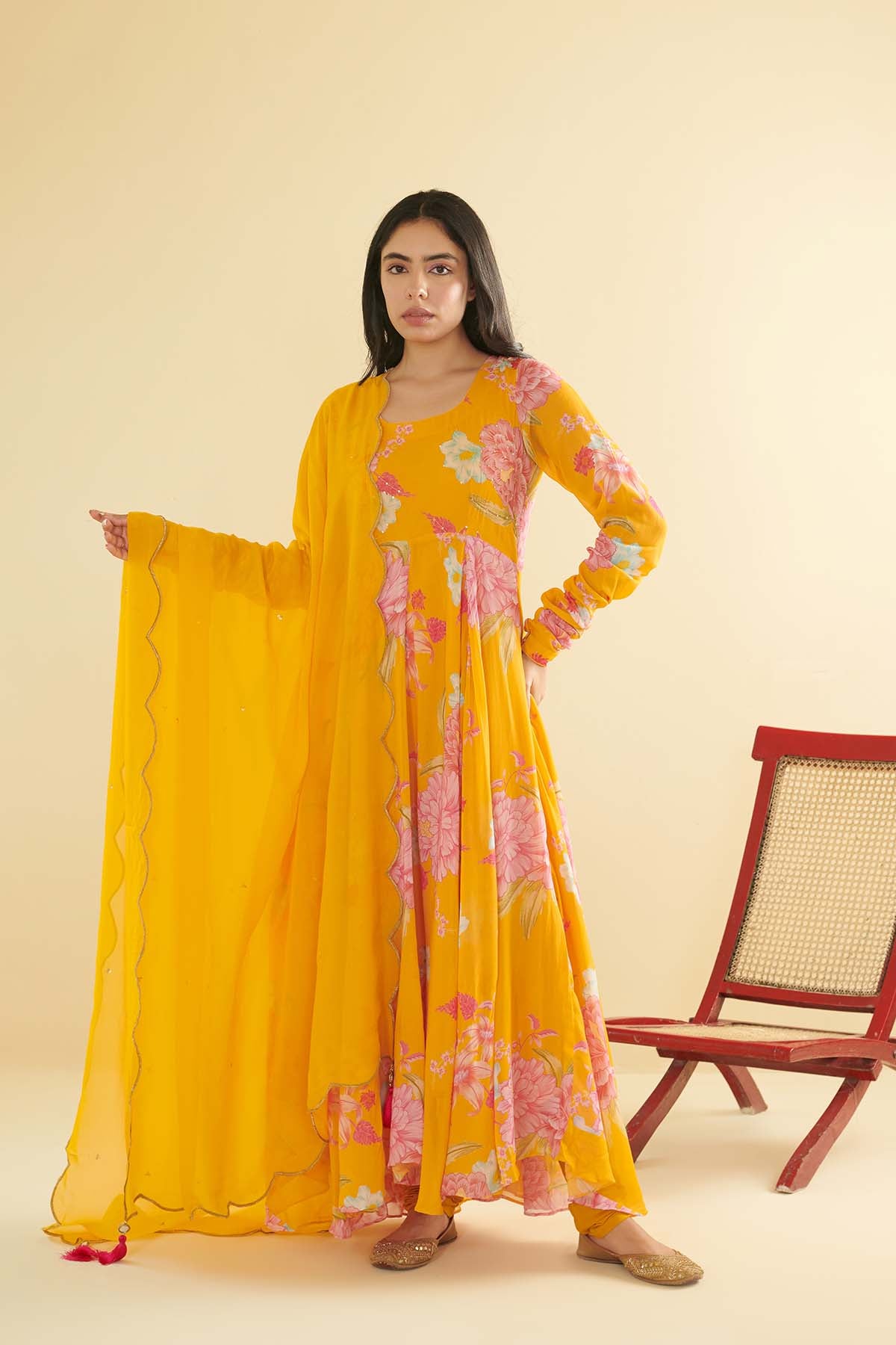 Floral Fiesta Orange printed Anarkali with Chooridar and Dupatta- Set of 3
