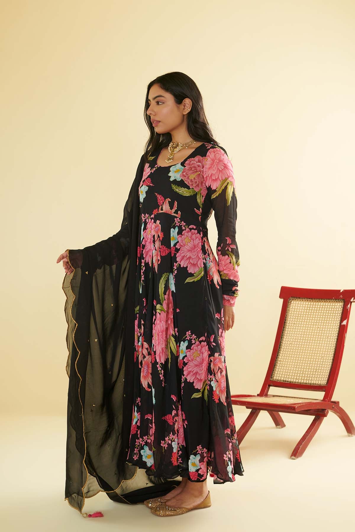 Floral Fiesta Black printed Anarkali with Chooridar and Dupatta- Set of 3