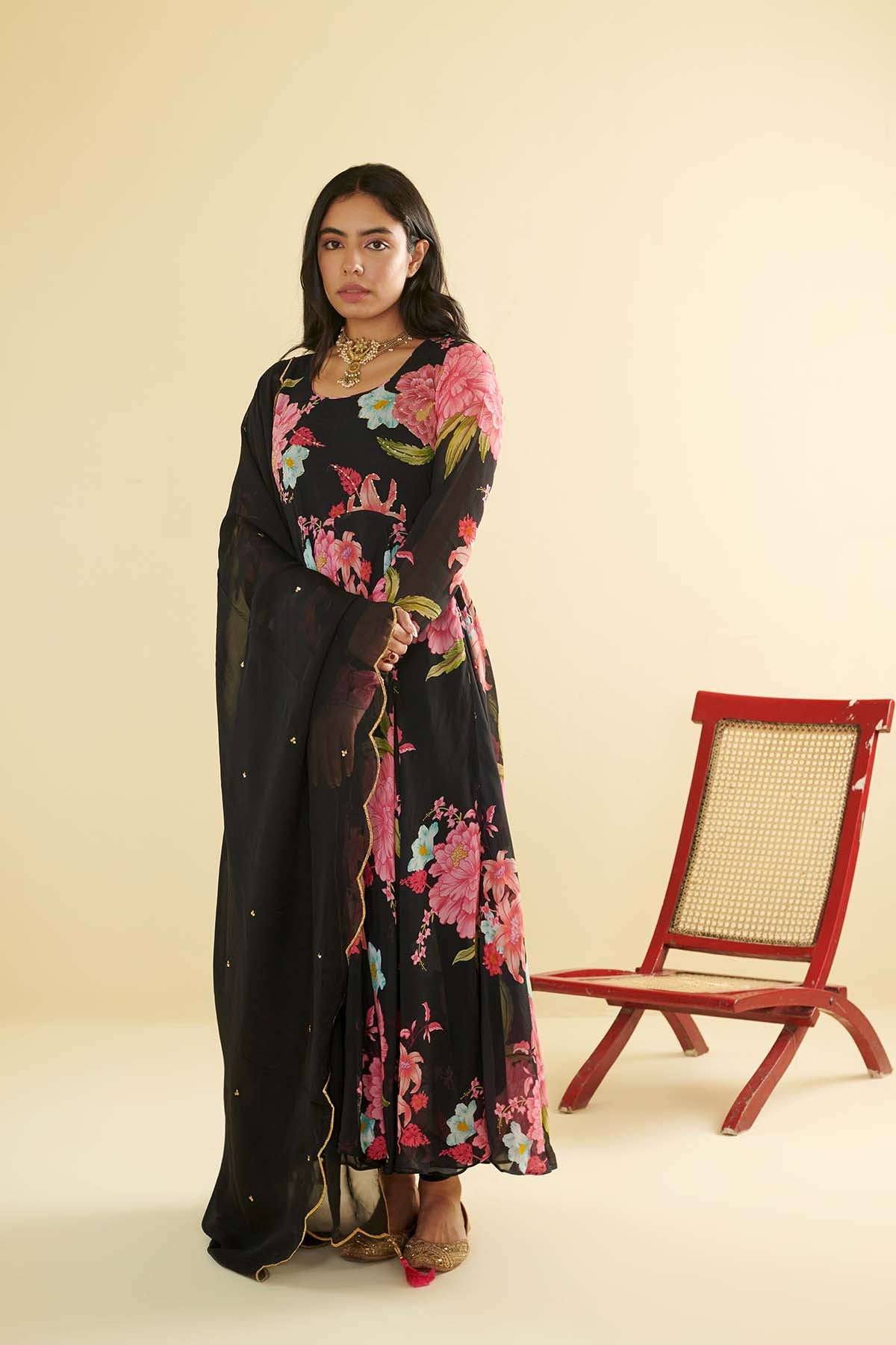 Floral Fiesta Black printed Anarkali with Chooridar and Dupatta- Set of 3