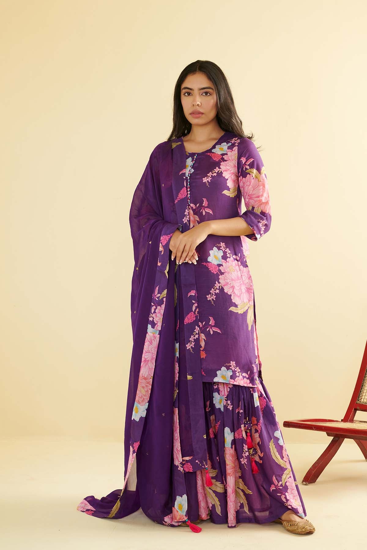 Floral Fiesta Purple Printed Short kurta with Sharara and Dupatta- Set of 3