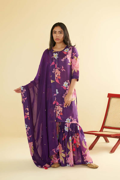 Floral Fiesta Purple Printed Short kurta with Sharara and Dupatta- Set of 3