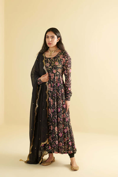 Raag Black Floral Printed Anarkali with Chooridar and Dupatta- set of 3