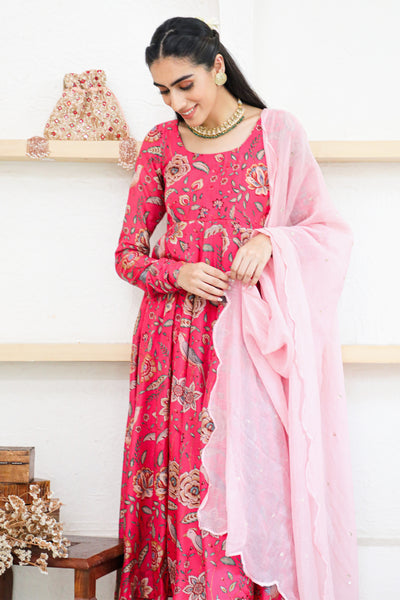 Pink printed Anarkali with Chooridar and Dupatta- set of 3