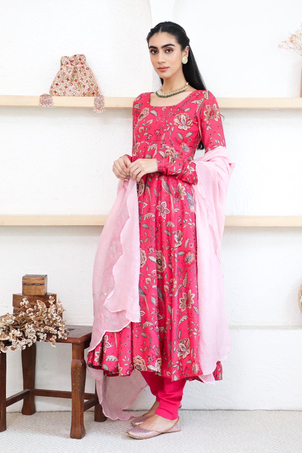 Pink printed Anarkali with Chooridar and Dupatta- set of 3
