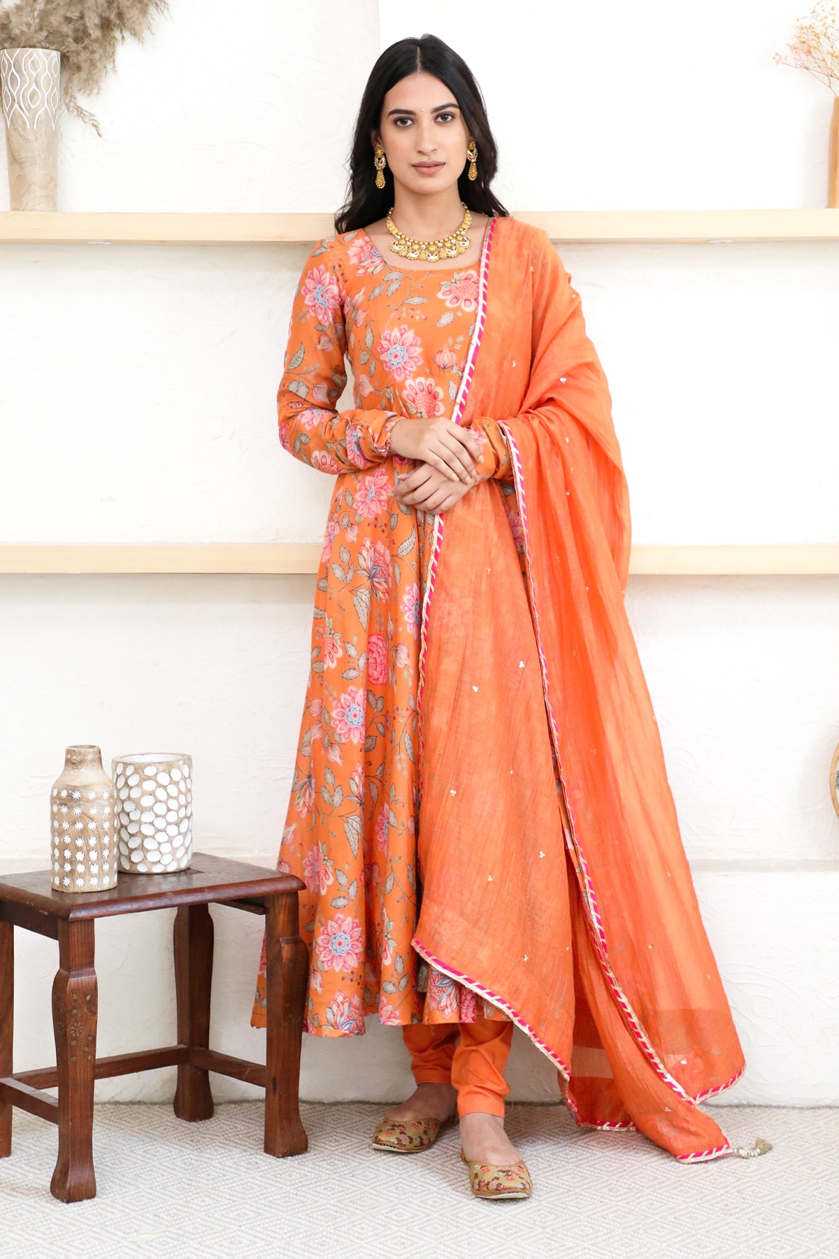 Orange printed Anarkali with Chooridar and Dupatta- set of 3