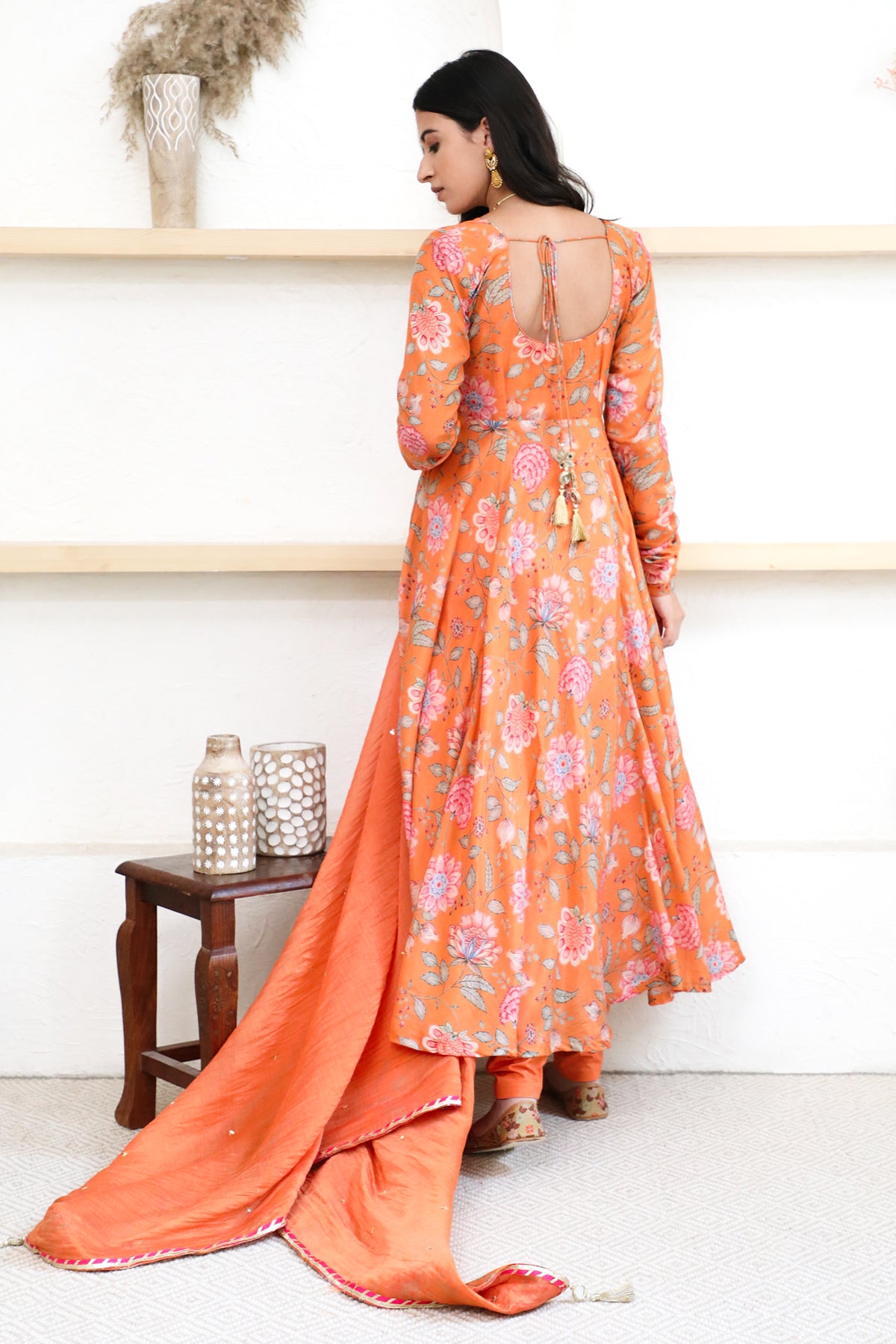 Orange printed Anarkali with Chooridar and Dupatta- set of 3