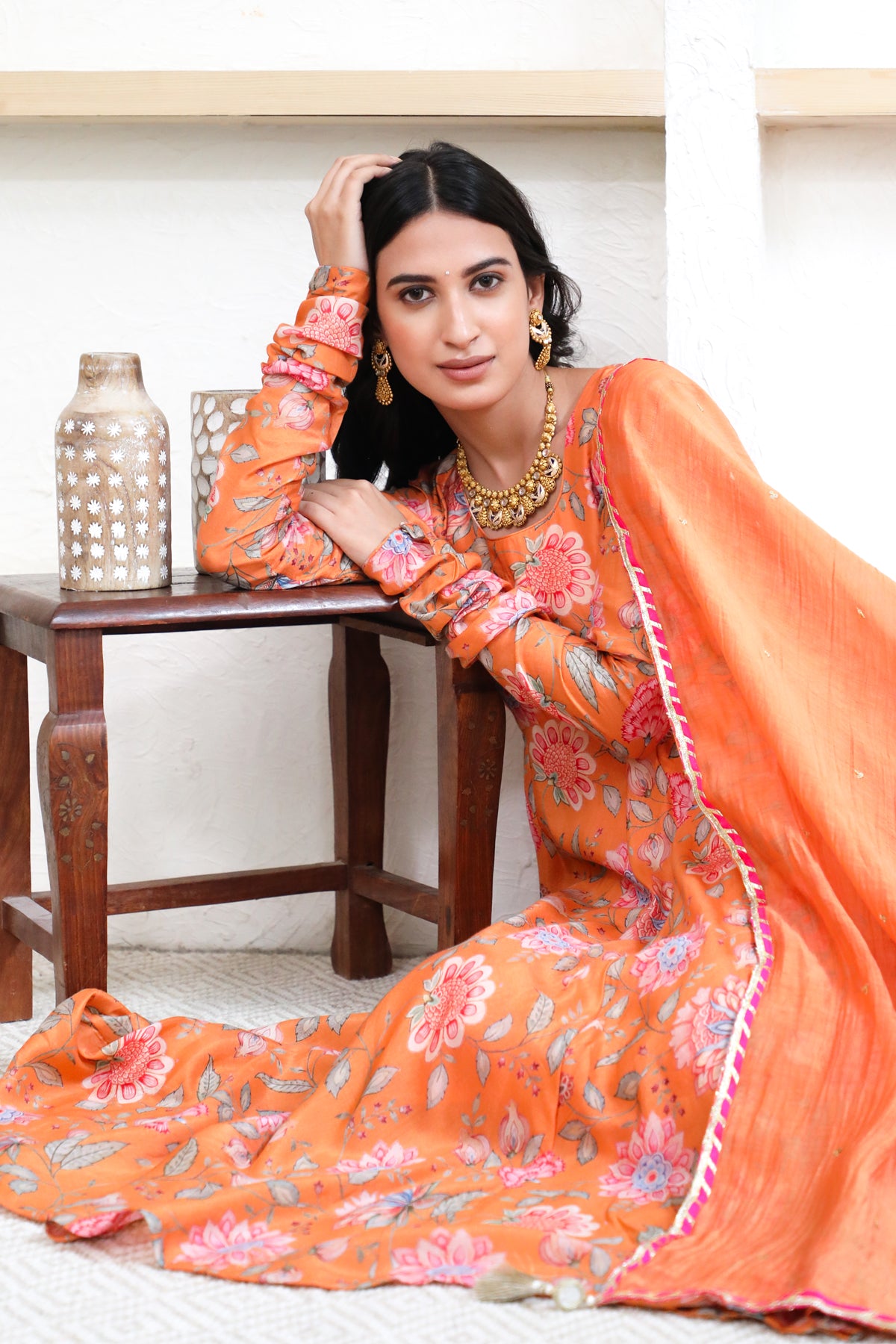 Orange printed Anarkali with Chooridar and Dupatta- set of 3