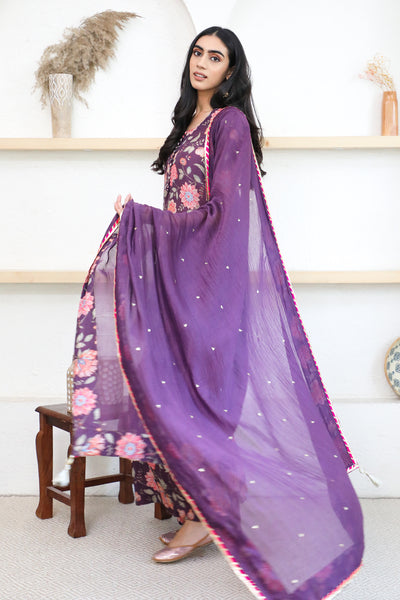 Purple Printed Short kurta with Sharara and Dupatta- Set of 3