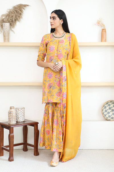 Bright Yellow Printed Short kurta with Sharara and Dupatta- Set of 3