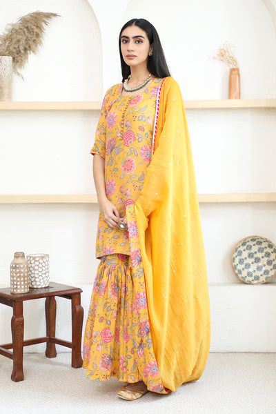 Bright Yellow Printed Short kurta with Sharara and Dupatta- Set of 3