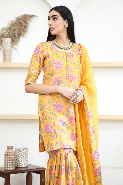 Bright Yellow Printed Short kurta with Sharara and Dupatta- Set of 3
