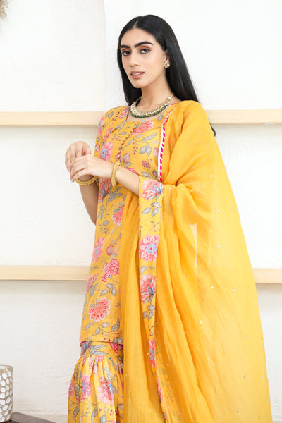 Bright Yellow Printed Short kurta with Sharara and Dupatta- Set of 3