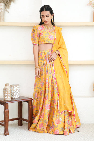 Bright Yellow Floral print Lehenga with Floral print Blouse and Dupatta - set of 3