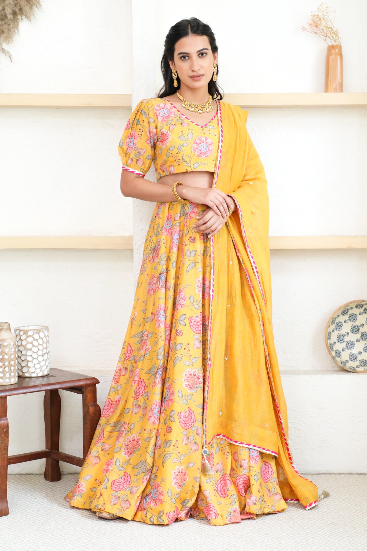 Bright Yellow Floral print Lehenga with Floral print Blouse and Dupatta - set of 3