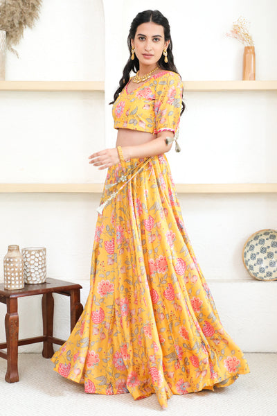Bright Yellow Floral print Lehenga with Floral print Blouse and Dupatta - set of 3