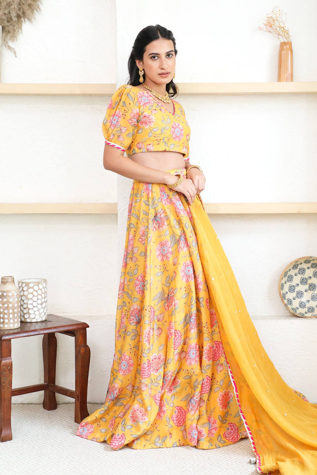 Bright Yellow Floral print Lehenga with Floral print Blouse and Dupatta - set of 3