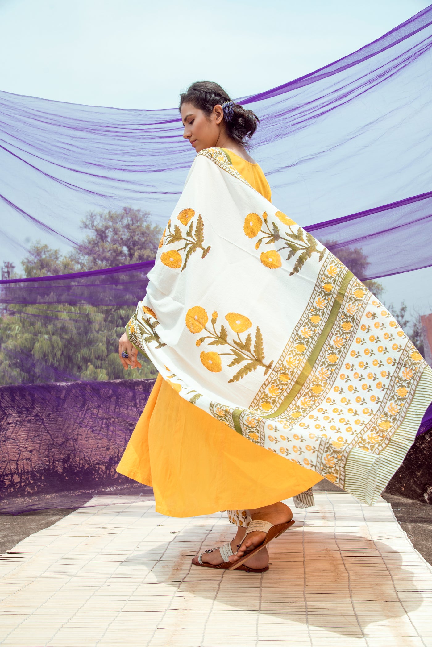 Yellow Cotton Kalidar Gota Kurta with Off White Hand Block Printed Palazzo and Mulmul Dupatta- Set of 3