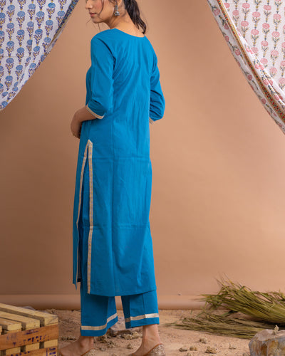 Blue Cotton Gota Suit With Off White Hand Block Printed Mulmul Dupatta