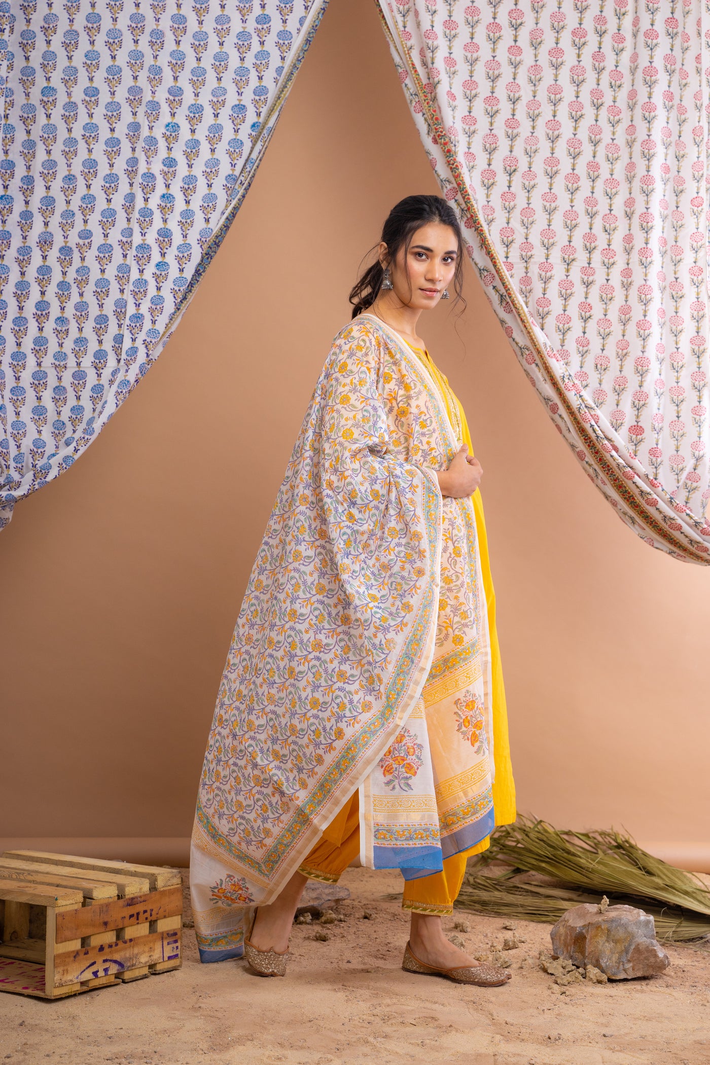 Yellow Cotton Gota Suit With Ivory Hand Block Printed Chanderi Dupatta