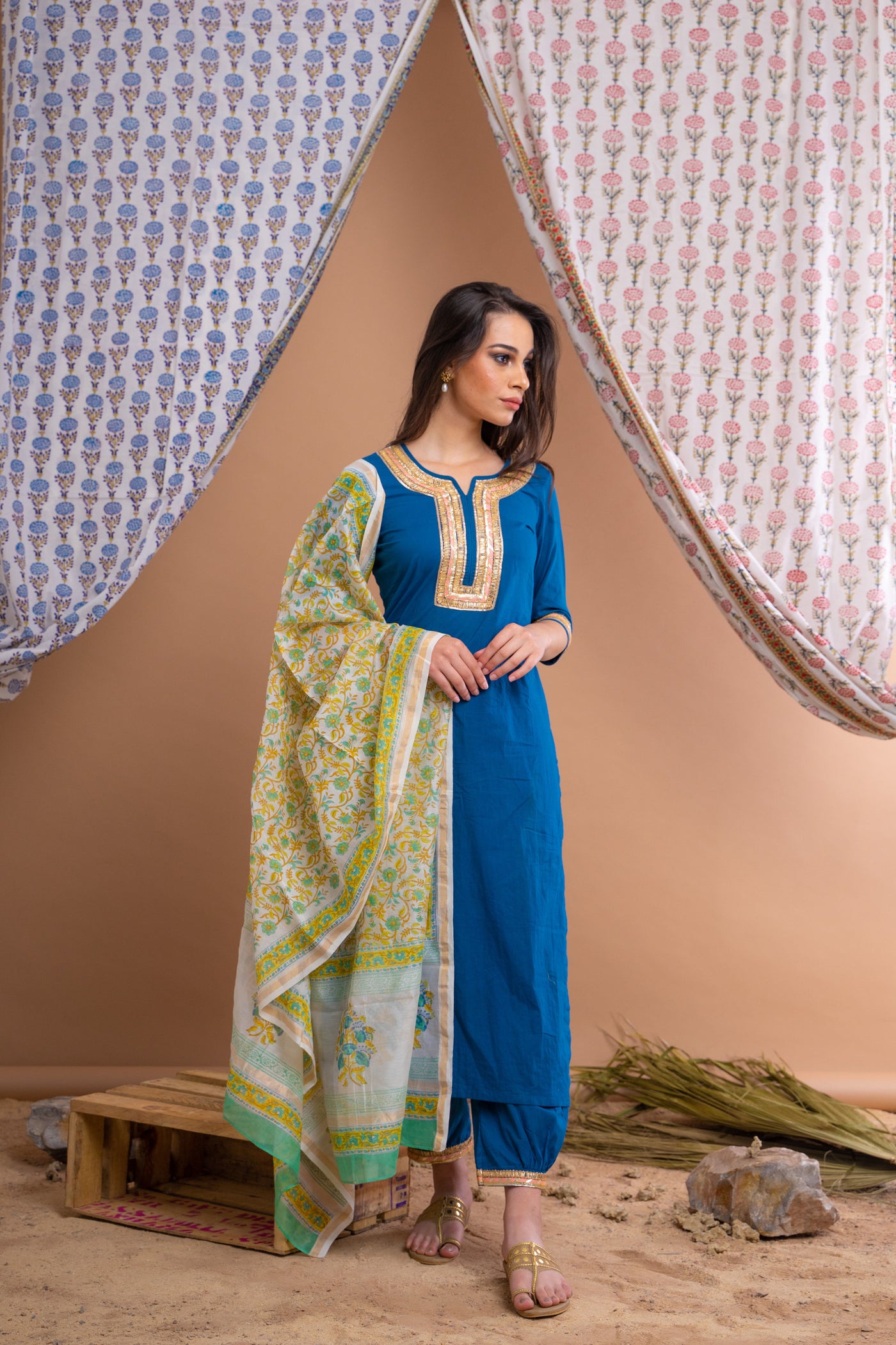 Blue Cotton Gota Suit With Off White Hand Block Printed Chanderi Dupatta