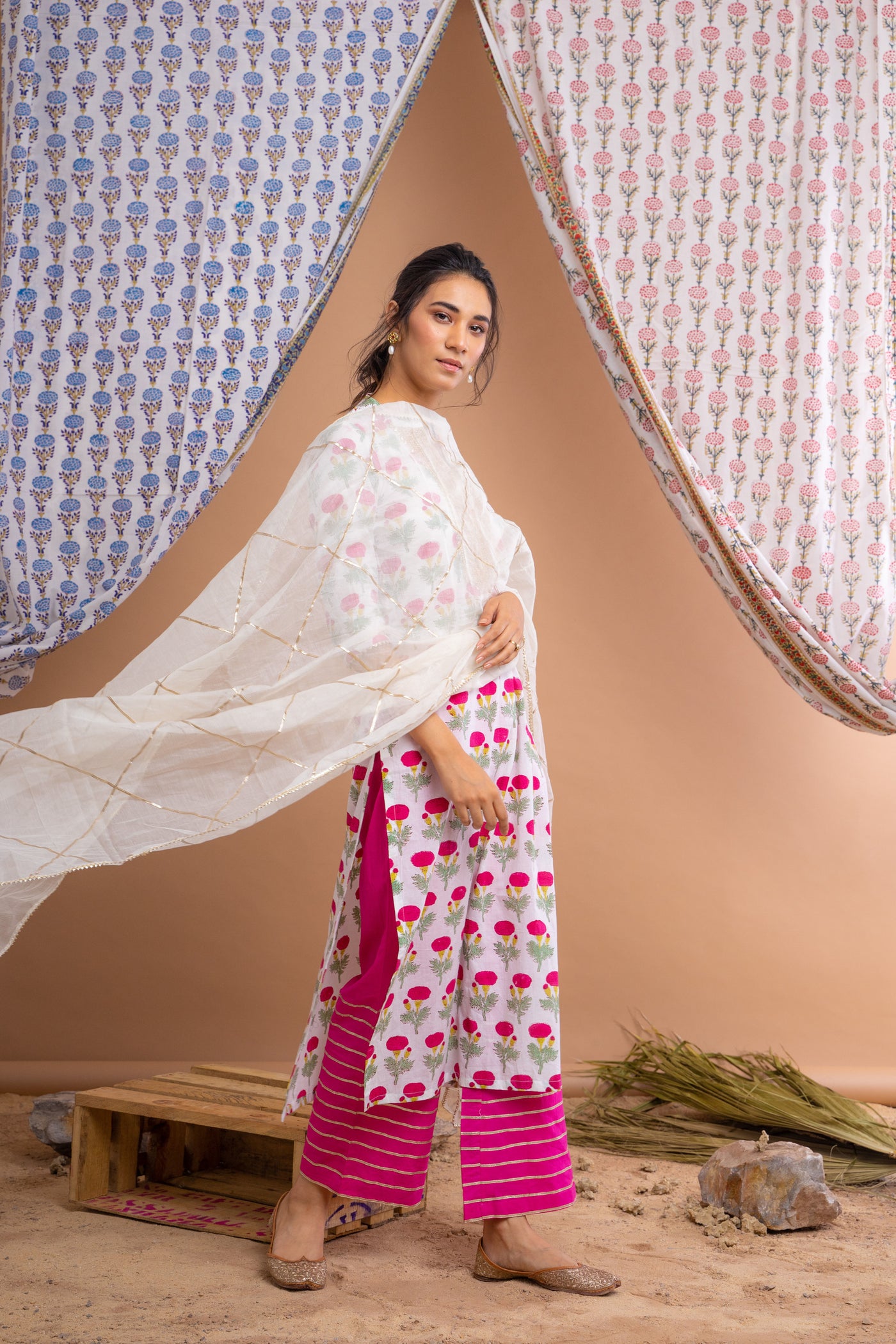 White Pink Hand Block Printed Cotton Kurta With Gota Palazzo And Chanderi Dupatta