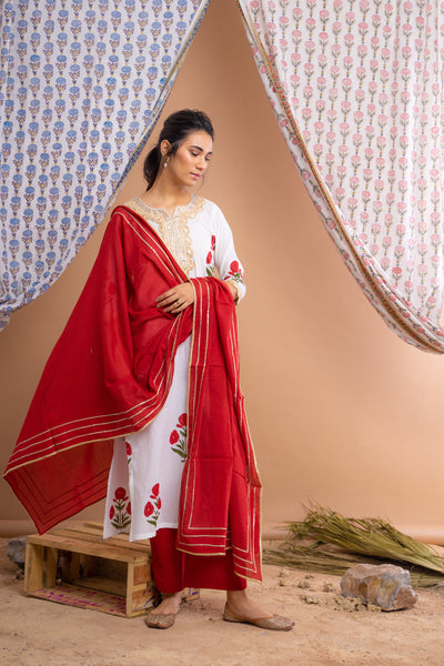 White Hand Block Printed Cotton Kurta With Red Palazzo And Gota Mulmul Dupatta