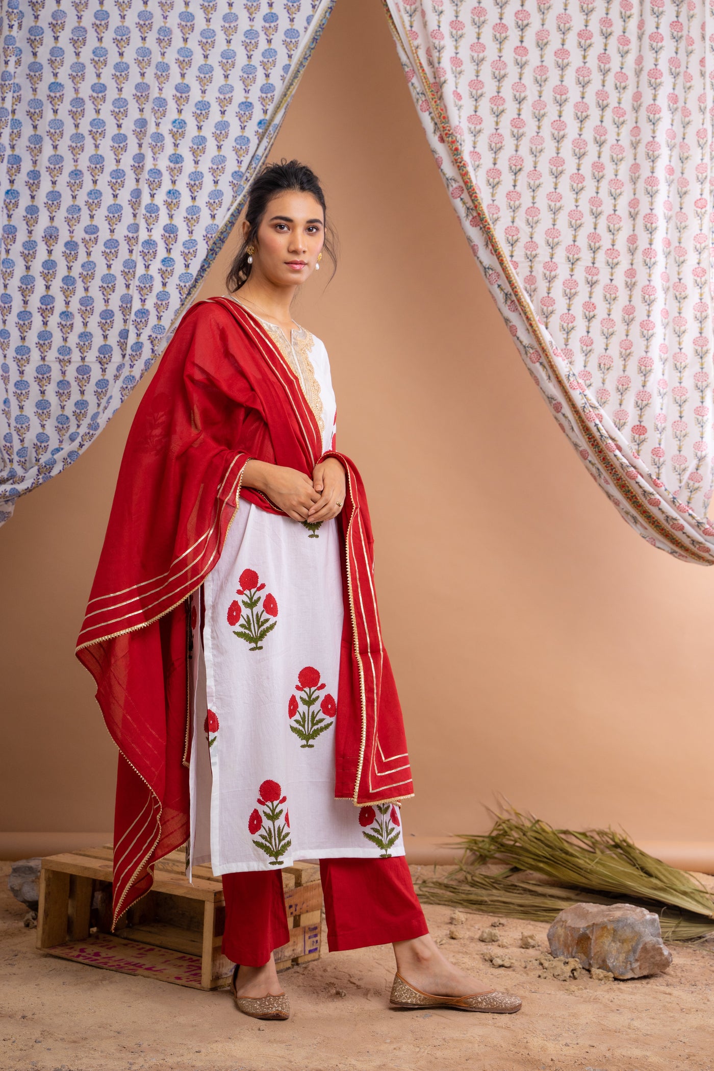 White Hand Block Printed Cotton Kurta With Red Palazzo And Gota Mulmul Dupatta