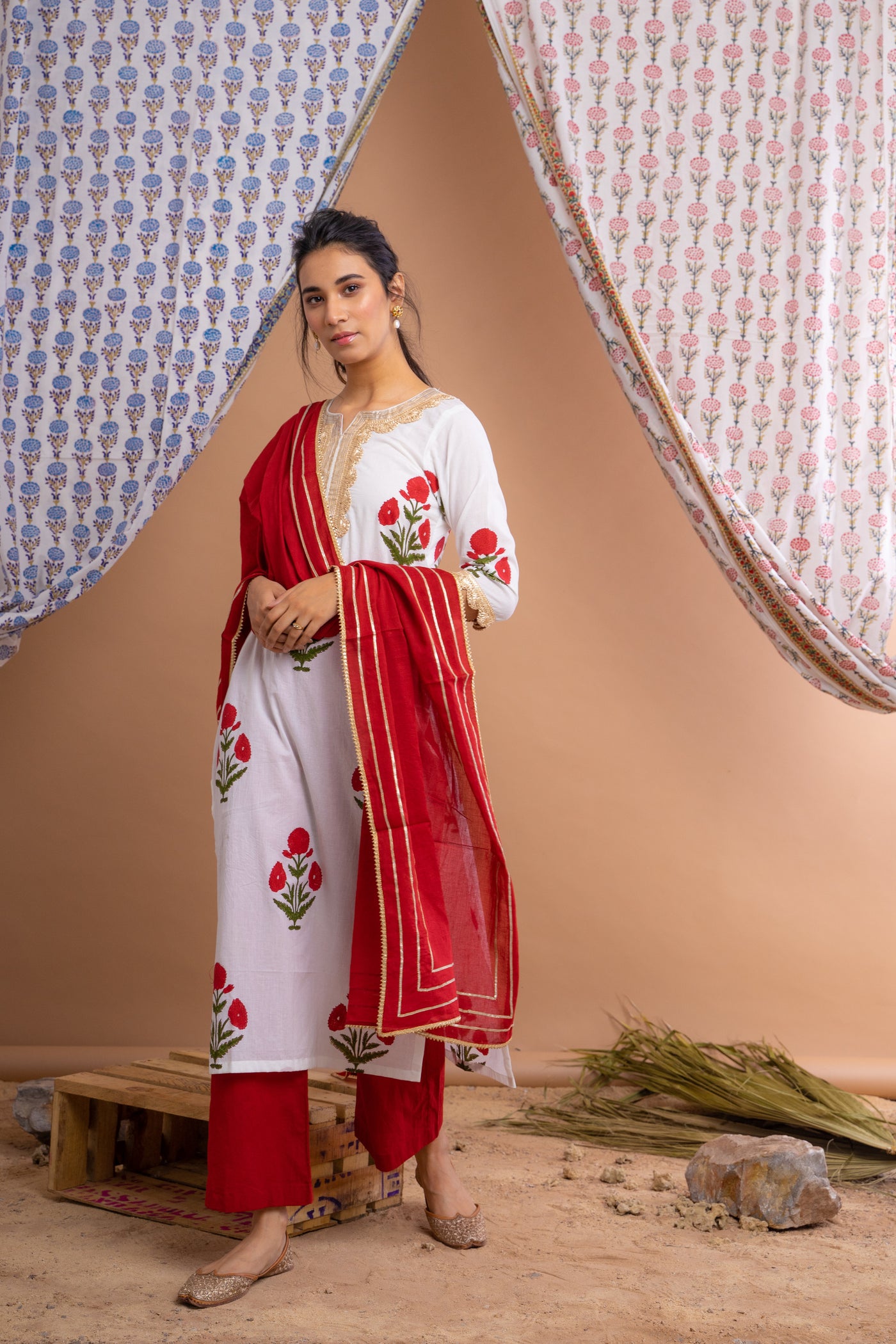 Shop Red Velvet Embroidered Kurta with Palazzo - Gillori
