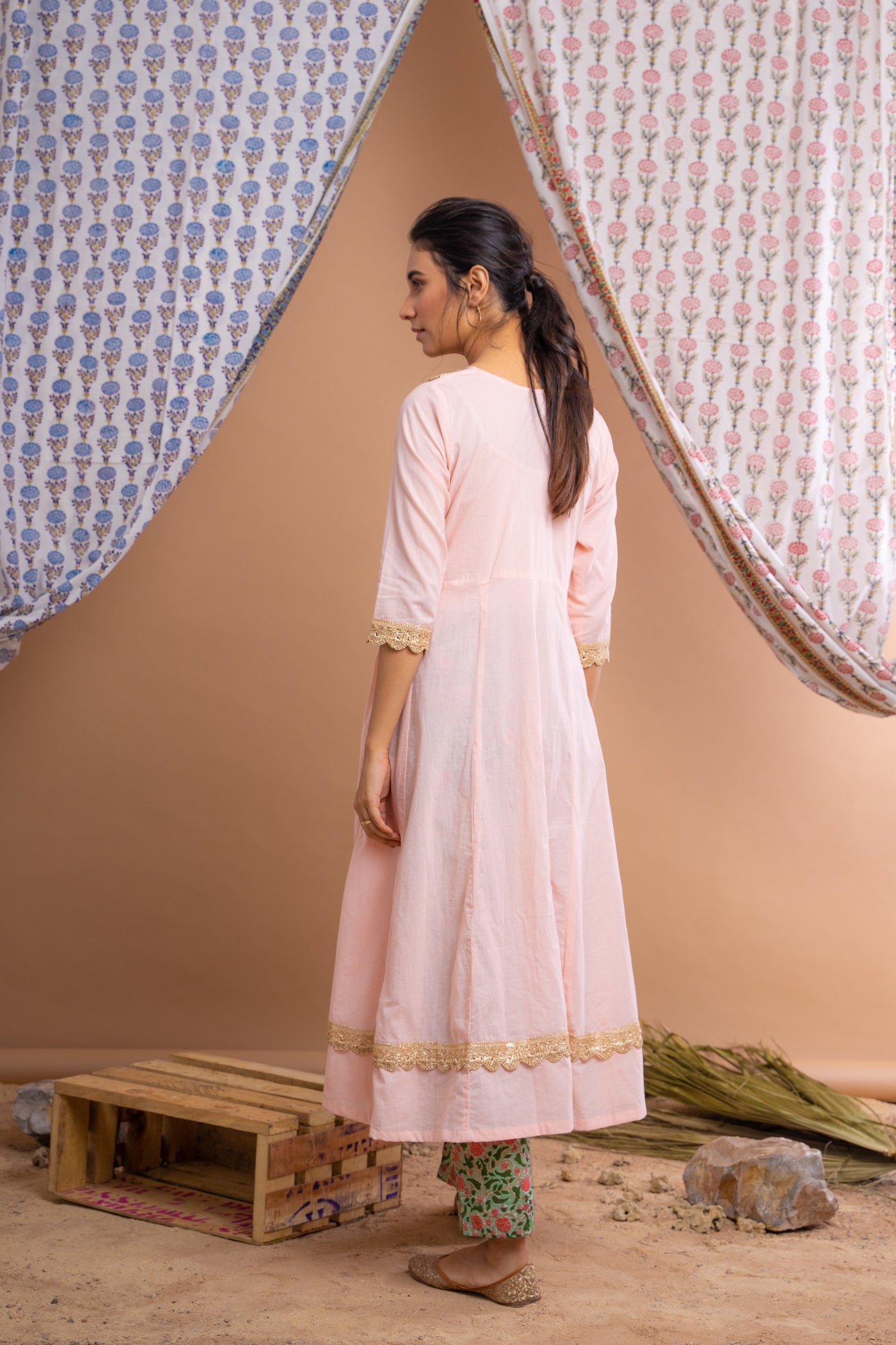 Peach And Green Cotton Anarkali