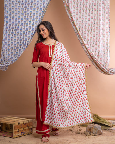 Red Cotton Gota Suit With Off White Hand Block Printed Mulmul Dupatta