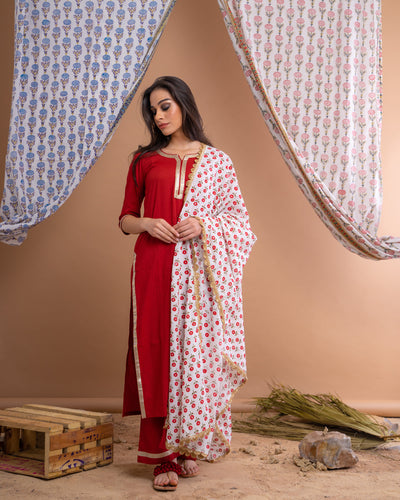 Red Cotton Gota Suit With Off White Hand Block Printed Mulmul Dupatta