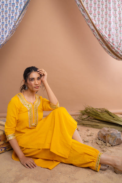 Yellow Cotton Gota Suit With Ivory Hand Block Printed Chanderi Dupatta