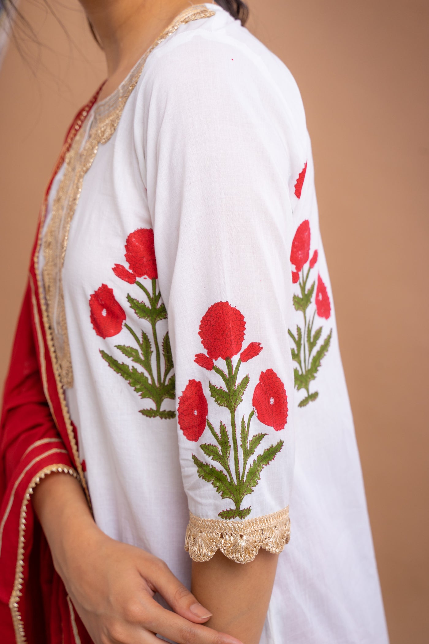 White Hand Block Printed Cotton Kurta With Red Palazzo And Gota Mulmul Dupatta