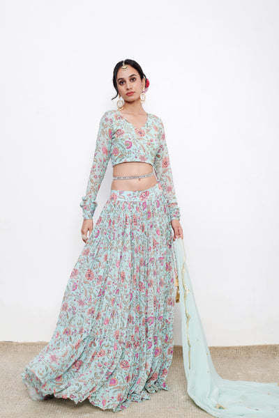 Raag Aqua Blue Floral print Lehenga with Floral print Blouse and Dupatta - Set of 3