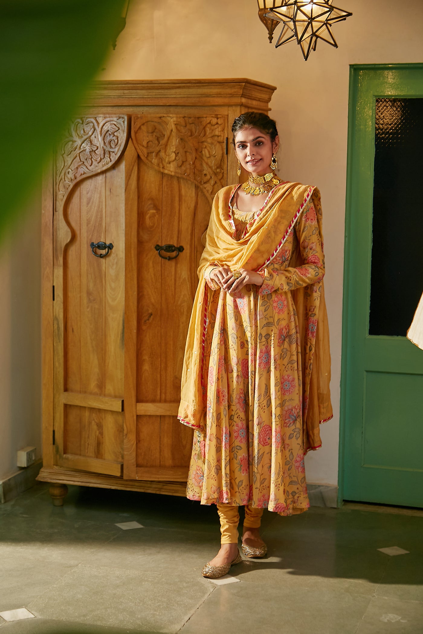 Yellow printed Anarkali with Chooridar and Dupatta- set of 3