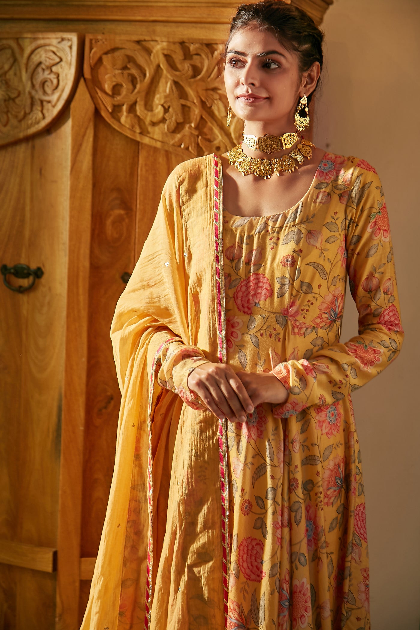 Yellow printed Anarkali with Chooridar and Dupatta- set of 3