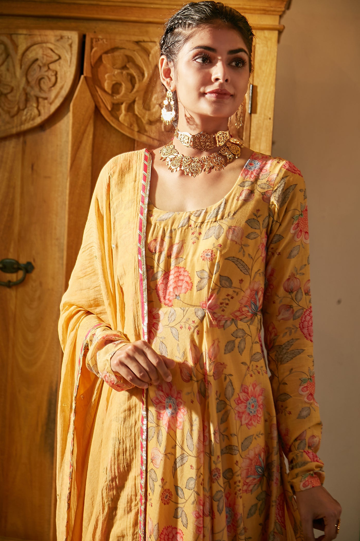 Yellow printed Anarkali with Chooridar and Dupatta- set of 3