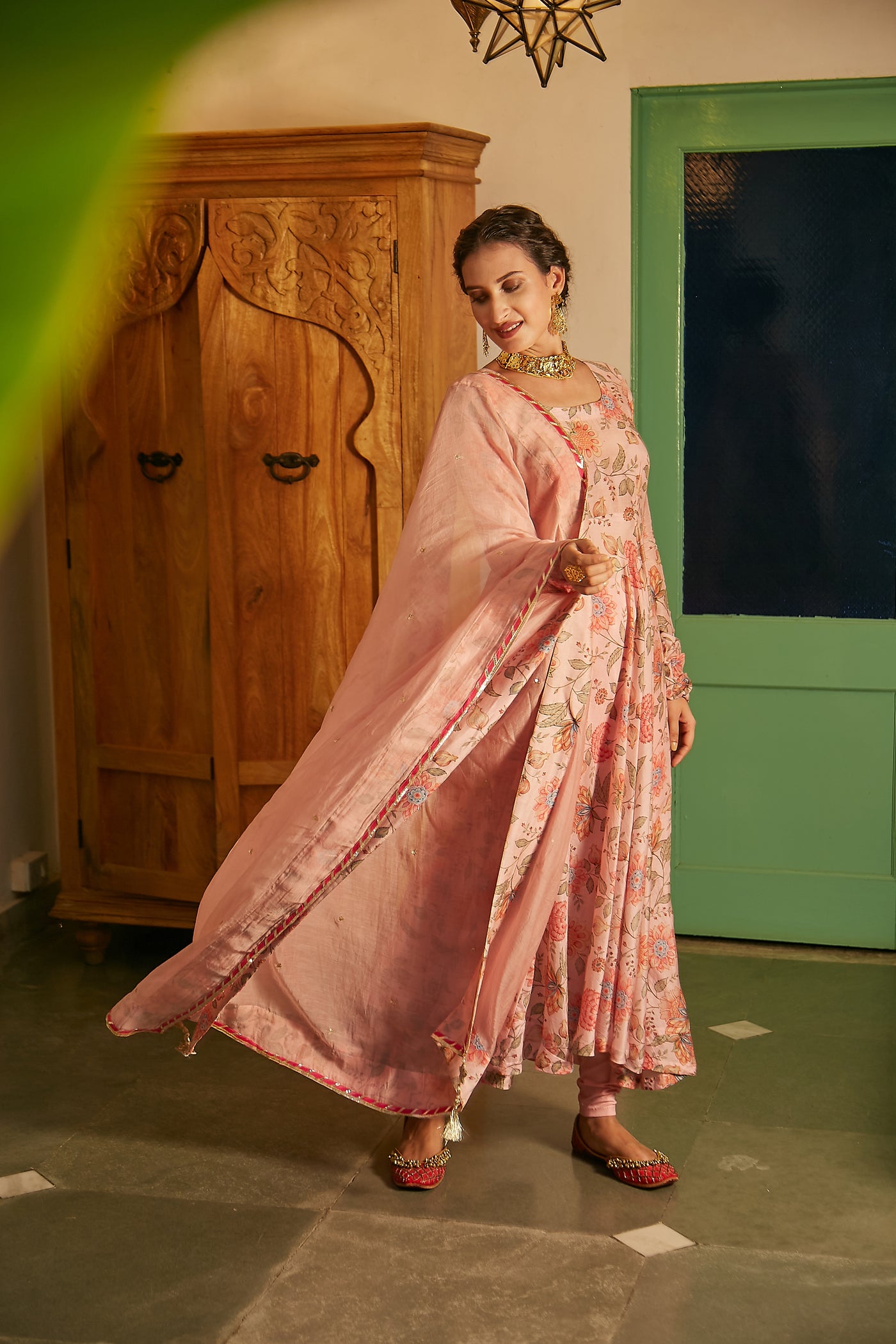 Blush Pink printed Anarkali with Chooridar and Dupatta- set of 3