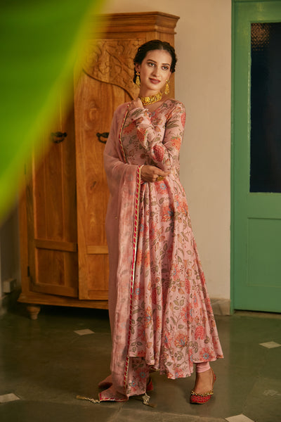 Blush Pink printed Anarkali with Chooridar and Dupatta- set of 3
