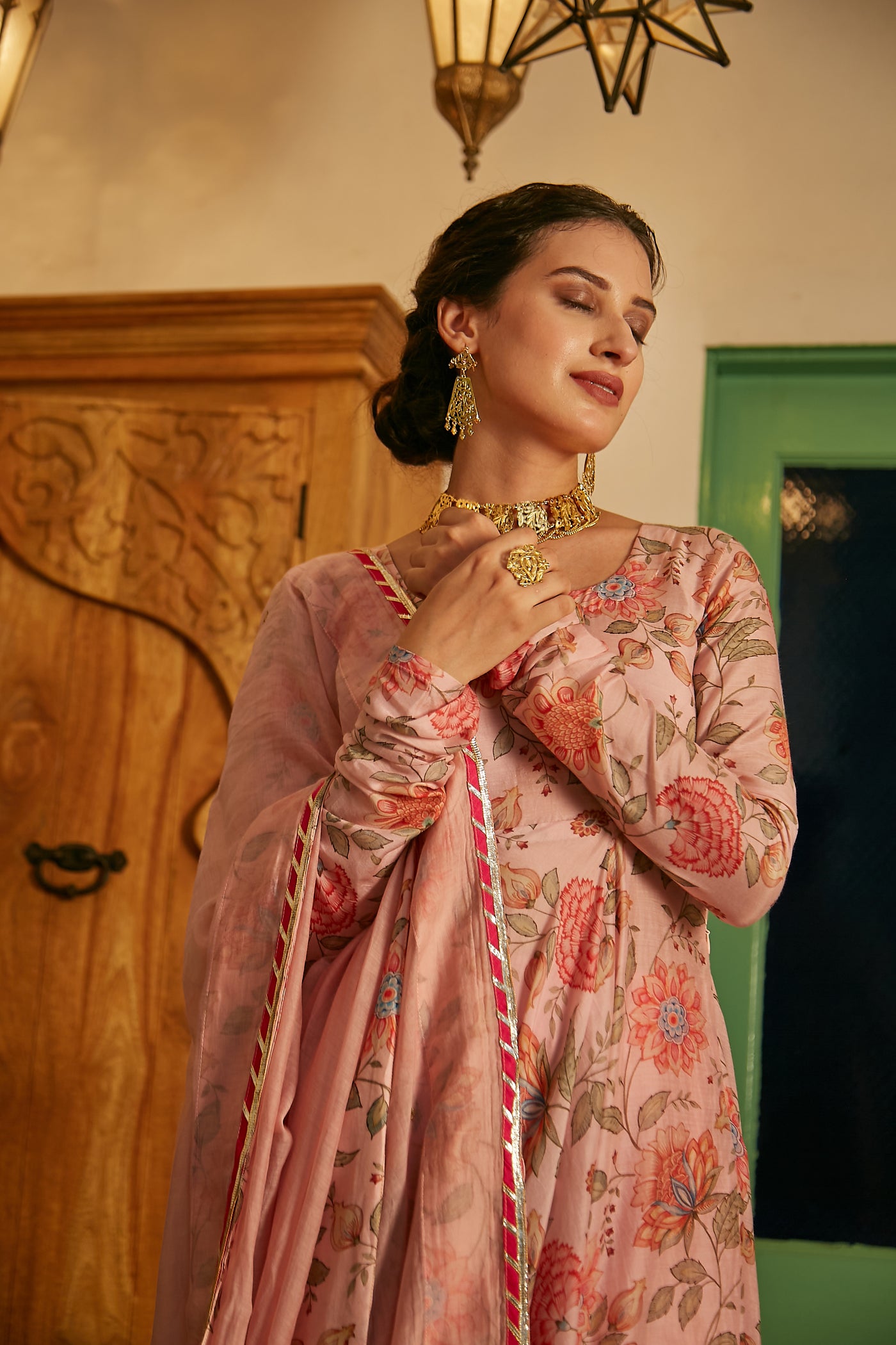 Blush Pink printed Anarkali with Chooridar and Dupatta- set of 3